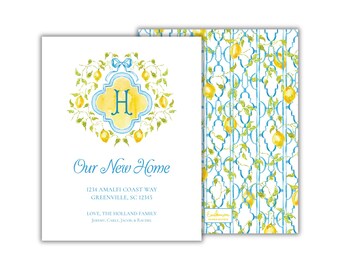 Watercolor Lemon Trellis Moving Announcement Cards: Citrus Monogrammed New Address Card