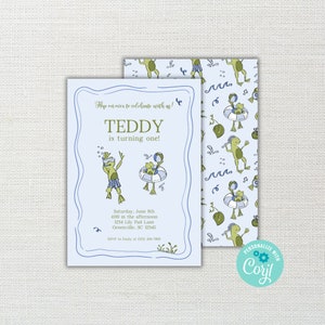May include: Blue and green invitation with a frog theme. The invitation says "Hop on over to celebrate with us! Teddy is turning one!" and includes details for the party, including the date, time, address, and RSVP information.