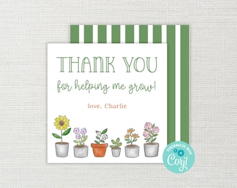 Gracias por ayudarme a aumentar la etiqueta de regalo imprimible de agradecimiento al maestro - Etiqueta de regalo para maestros de fin de año - Etiqueta de regalo de plantas - Regalo para maestros