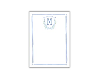 Blue Floral Crest Monogrammed Notepad: Personalized Stationery
