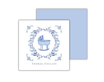 Blue and White Delftware Cradle Gift Enclosure Cards: Personalized Boys Calling Card