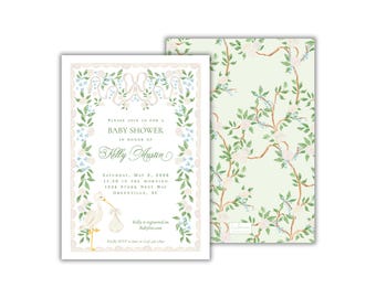 Watercolor Stork Chinoiserie Baby Shower Invitations: Gender Neutral Printed Party Invites