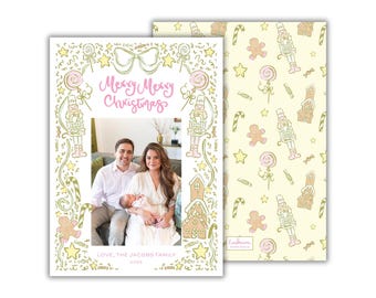 PRINTED Green and Yellow Christmas Candy Photo Cards: Nutcracker and Gingerbread Holiday Card