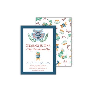 Teddy Bear First Birthday Invitation: Preppy All-American Boy Party Invite zdjęcie 1