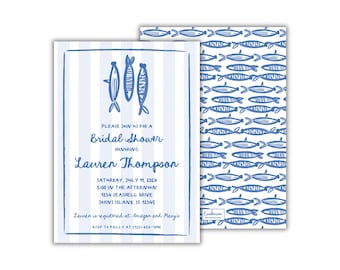 Block Print Fish Coastal Bridal Shower Invitations: Beach Themed Printed Invites