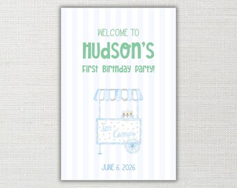 Watercolor Blue Ice Cream Birthday Party Welcome Poster: Self-Editable Template