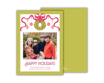 PRINTED Chartreuse and Red Wreath Christmas Photo Cards