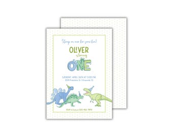 May include: A blue and green dinosaur-themed first birthday party invitation with the text "Stomp on over for some fun! Oliver is turning ONE. Saturday, April 26th at 3:00 PM. 1234 Prehistoric St. Greenville, SC. RSVP to Emily at (231) 466-7810."