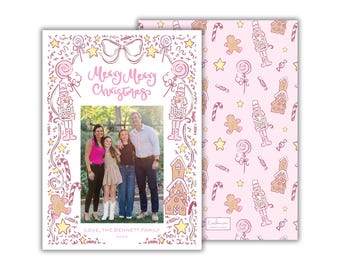 PRINTED Pink Christmas Candy Photo Cards: Nutcracker and Gingerbread Holiday Card