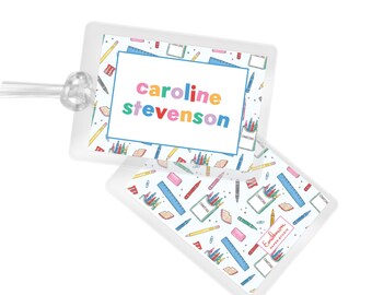 Rainbow School Supplies Kids Personalized Backpack Tag: Custom Laminated Luggage Tag