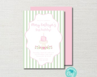 Printable Classic Baby Girl First Birthday Invitation: Watercolor Heirloom Cake Party Invite (Digital Download)