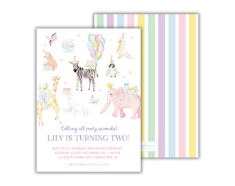 Personalized Party Animals Birthday Invitations: Watercolor Pastel Design