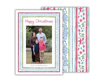 PRINTED Squiggle Frame Christmas Photo Card: Watercolor Stars Colorful Holiday Cards