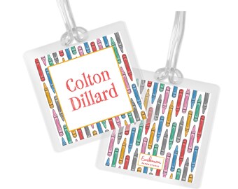 Watercolor Crayons Kids Personalized Backpack Tag: Custom Laminated Luggage Tag