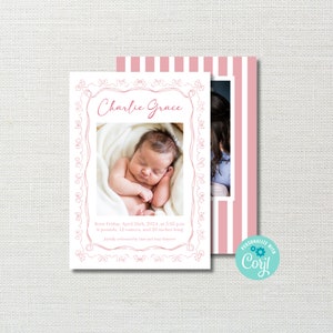 Faire-part de naissance imprimable bébé fille - faire-part de bébé grand millénaire avec noeud - nouvelles cartes photo faire-part de petite fille