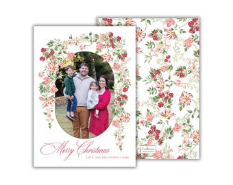 PRINTED Watercolor Berry and Blush Floral Christmas Photo Cards