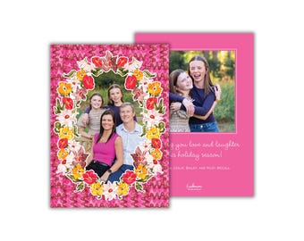 PRINTED Watercolor Floral Frame Christmas Photo Card: Hot Pink Holiday Cards