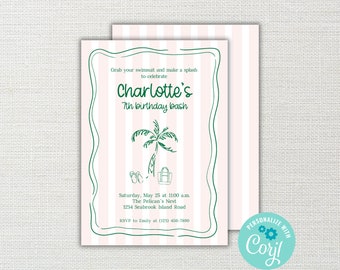 Printable Palm Beach Pink and Green Birthday Party Invitation (Digital Download)