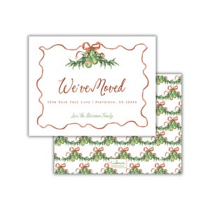 May include: White moving announcement card with a watercolor design. The card features the text "We've Moved" in elegant script, along with the new address and the family's name. The design includes green foliage, red bows, and a decorative border.
