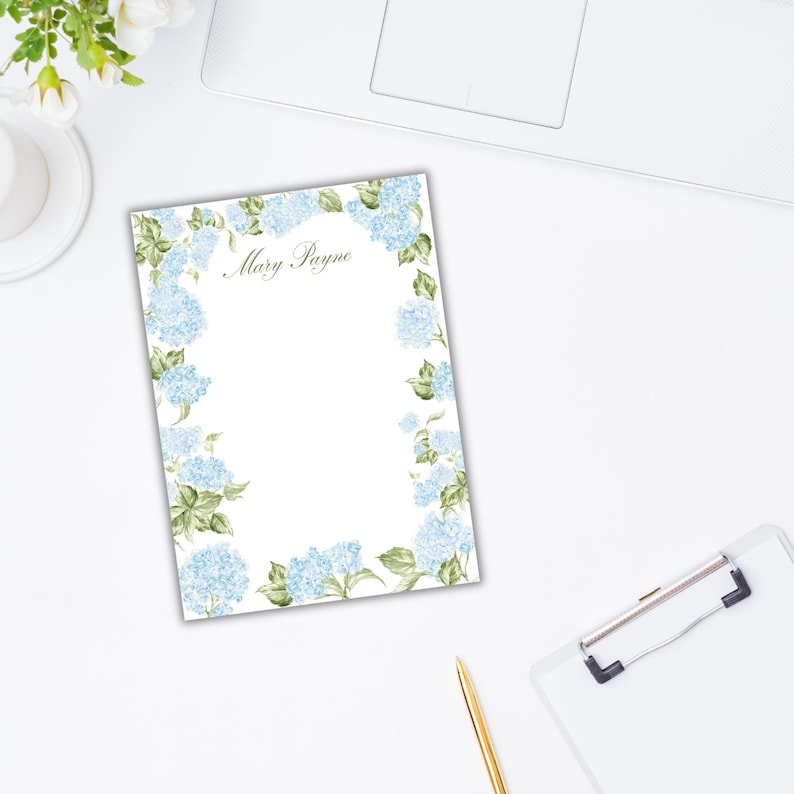 Watercolor Blue Hydrangea Personalized Notepad - Custom Floral ...