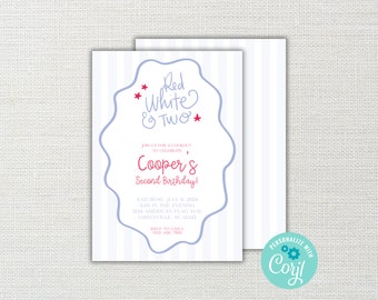 Printable Red White and Two Second Birthday Invitation: Patriotic Party Invite (Editable Template)
