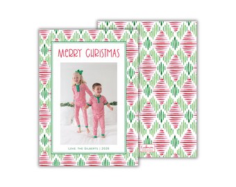 PRINTED Watercolor Red and Green Ikat Christmas Photo Cards