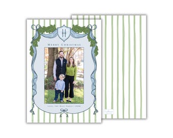 PRINTED Monogrammed Blue and Green Christmas Photo Card: Classic Stripe Holiday Cards