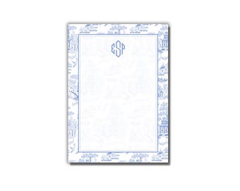 Monogrammed Blue Chinoiserie Toile Notepad: Personalized Stationery