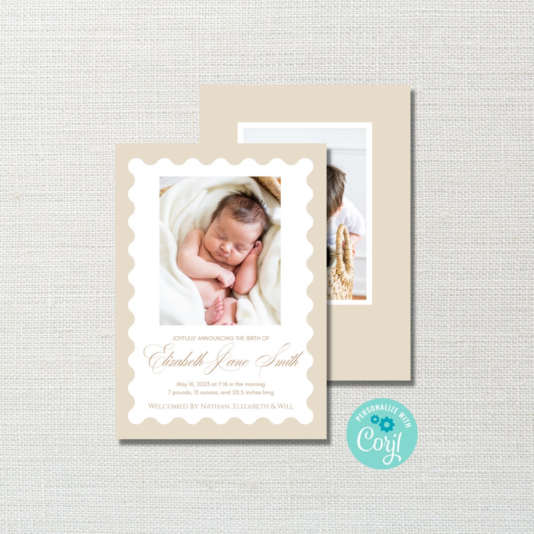 Printable Birth Announcement Card Template - Scalloped Birth ...