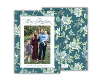 PRINTED Watercolor Blue Floral Christmas Photo Card: Chinoiserie Holiday Cards