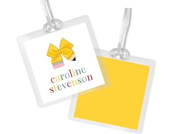 Pencil Bow Personalized Kids Backpack Tag: Custom Laminated Bag Tag