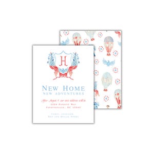 Monogrammed Watercolor Hot Air Balloon Moving Announcement Cards: Patriotic New Address Card PCS Move