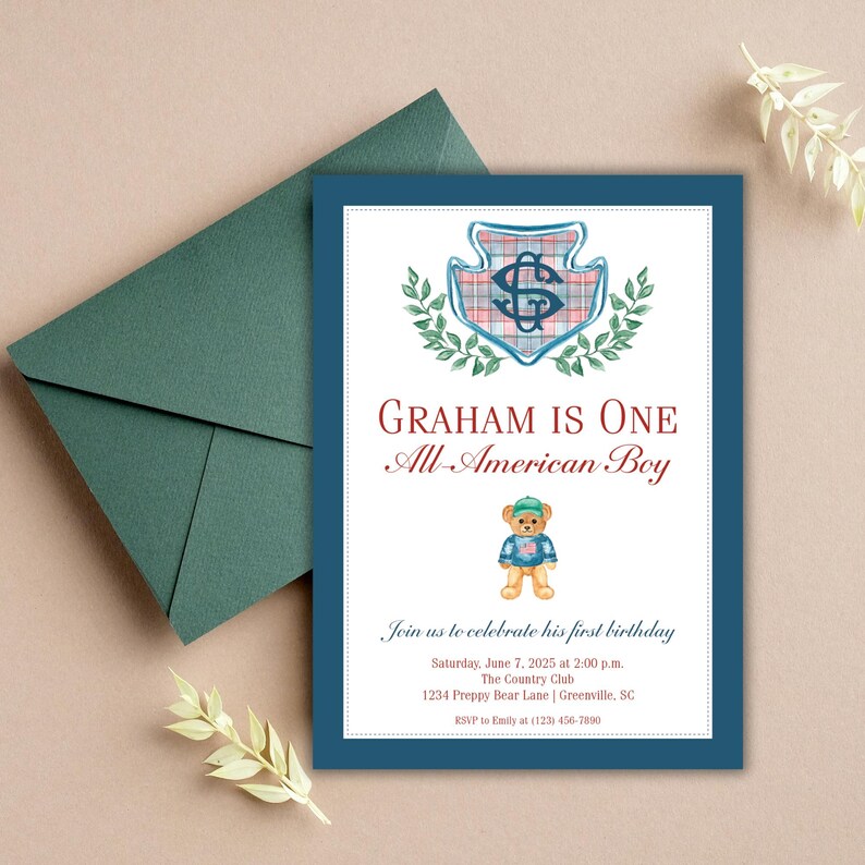 Teddy Bear First Birthday Invitation: Preppy All-American Boy Party Invite zdjęcie 2