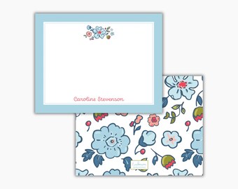 Red and Blue Floral Personalized Notecards: Custom Girls Stationery