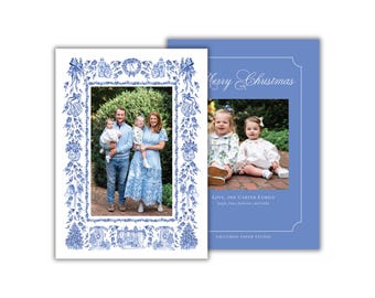 PRINTED Blue and White Toile Christmas Photo Cards: Classic Watercolor Holiday Card