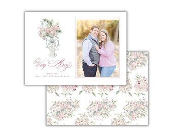 PRINTED Watercolor Hydrangea Christmas Cards: Muted Pastel Holiday Photo Card