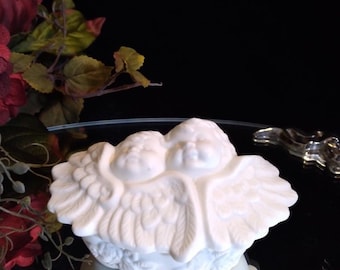 Vintage White Porcelain Winged Cherub/Angels Trinket Box | Bisque Porcelain Cherubs Jewelry Box