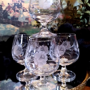 Vintage Crystal Etched Floral Cognac/Brandy Glass Set of (4) | Brandy Snifter Glass Set