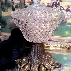 Hollywood Regency Crystal Compote/Candy Dish w Lid Brass Pedestal Base