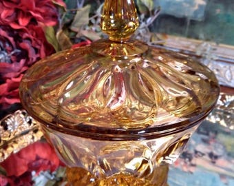 Anchor Hocking Fairfield Amber Glass Candy Dish & Lid | Vintage Anchor Hocking Amber Glass Footed Dish w Lid