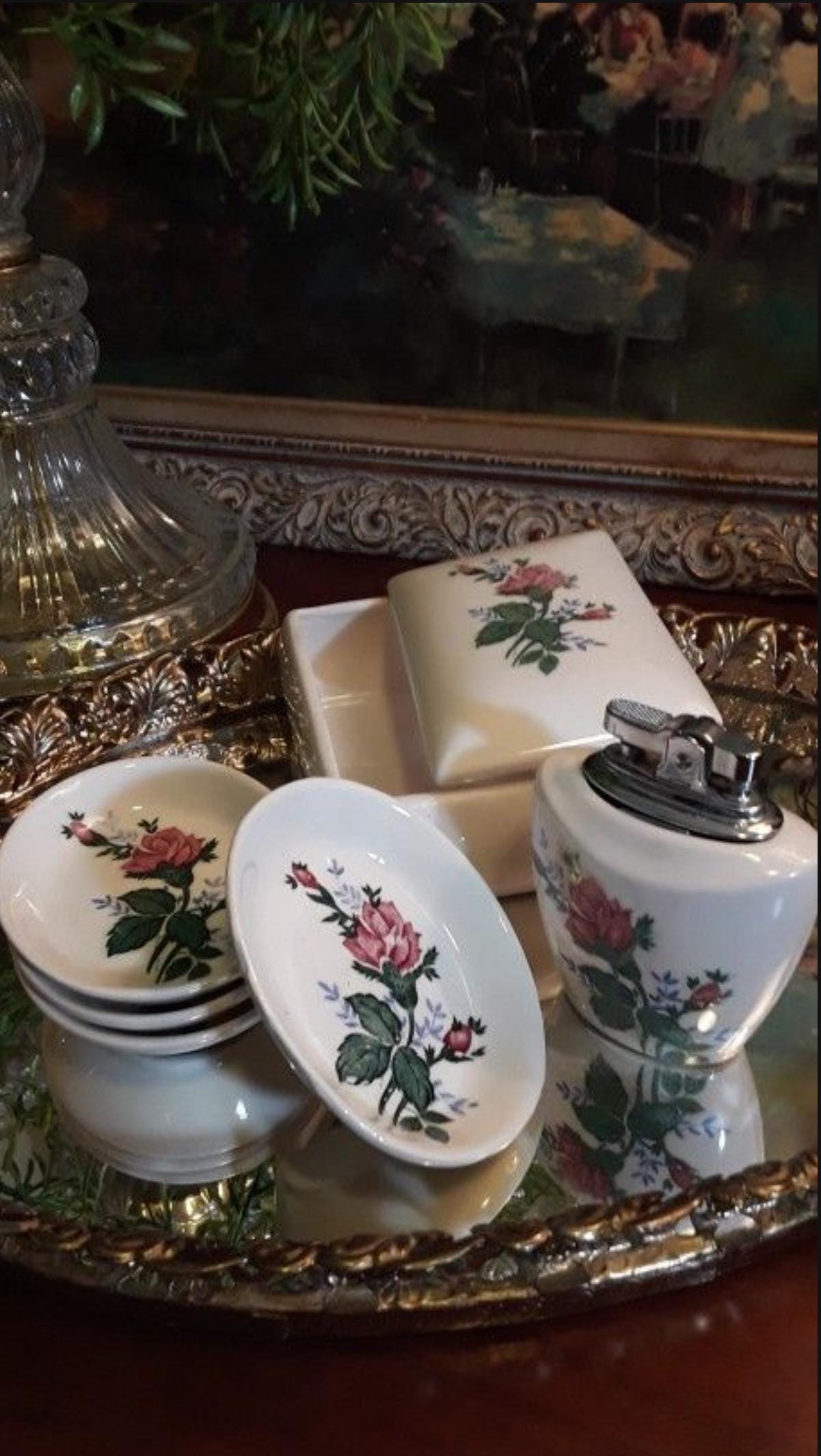 Vintage Rose Porcelain Cigarette Holder W Lighter & Ashtray