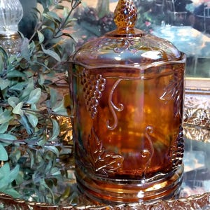 Vintage Colony Harvest Carnival Amber Glass Canister Jar w Lid 7&quot;