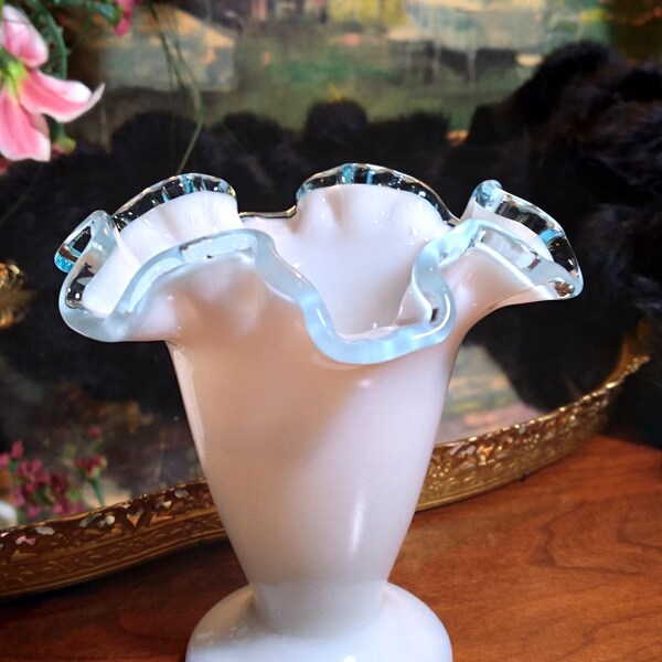 Vintage Fenton Aqua Crest 4" Double Crimped Vase