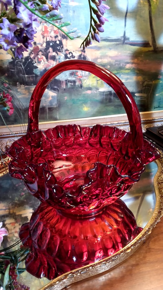 Fenton キャベッジローズ ルビーレッドガラス 脚付きトリンケットボックス Vintage Fenton Ruby Red Thumbprint Glass Handled Basket 8