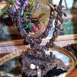 Vintage Ornate Cast Iron Swivel Table/Vanity Mirror w Tray