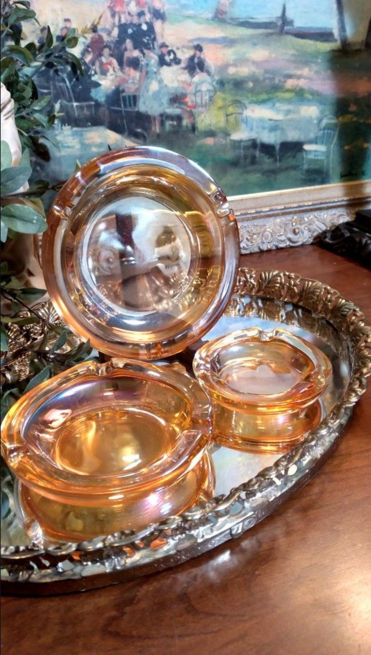 Vintage Marigold Carnival Glass Nesting Ashtray Set of (3