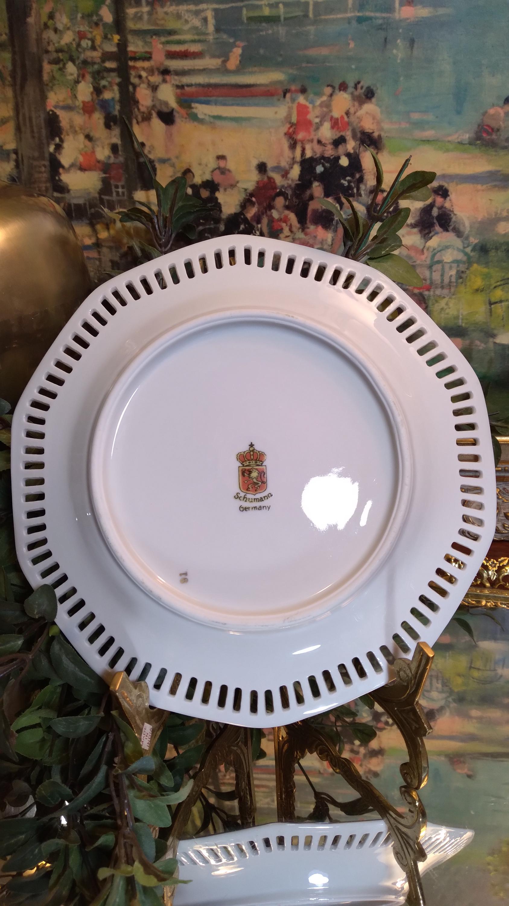 Vintage Schumann Bavaria Pierced Plate | Fruit Center, Gold Trim