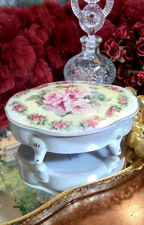 Vintage Arnart Floral Oval Porcelain Footed Powder | Trinket Box