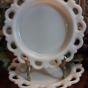Vintage 8&quot; Anchor Hocking Lace Edge Milk Glass Plate Set of (2) | Old Colony Milk Glass Plate Set