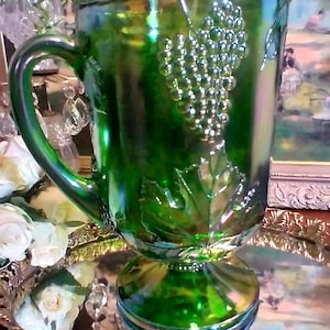Colony Harvest Green Carnival Glass Footed 64 oz. Pitcher | Vintage Green Carnival Glass Water Pitcher
